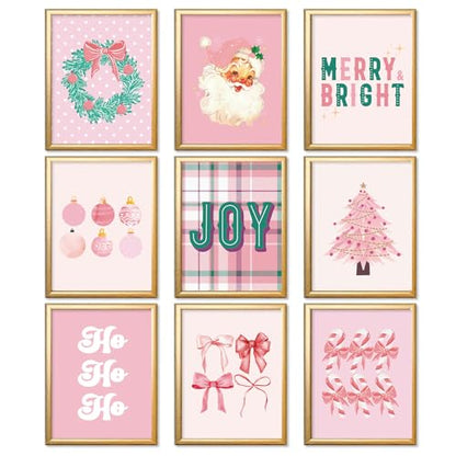 Pink Christmas Wall Art Prints Set - Santa, Tree & Festive Decor, 11 x 14 Inch, 9 Sheets