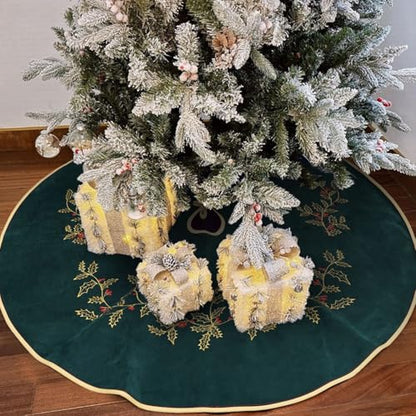 Dark Green Velvet Christmas Tree Skirt 48 Inch with Holly Embroidery - Holiday Decor
