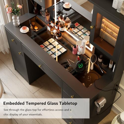 iPormis Black Vanity Desk with Mirror, RGB Lights, 2 Outlets & 7 Drawers