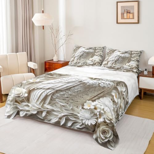 Manfei King Size Kids Bedding Set - 3D Owl White Rose Daisy Flower 4 Piece