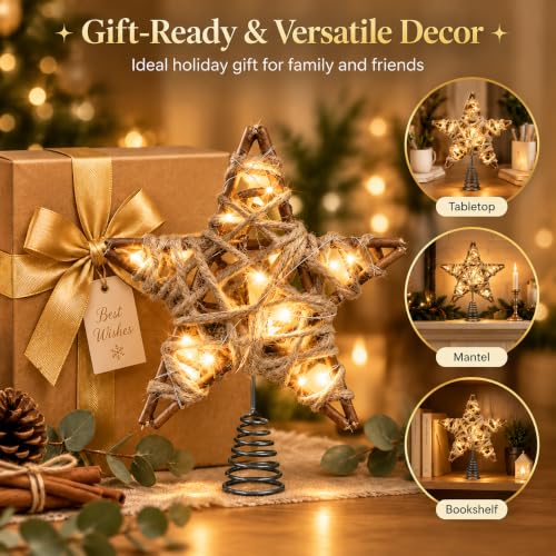 6 Inch Rustic Christmas Tree Topper with LED Light - Farmhouse Star Decor