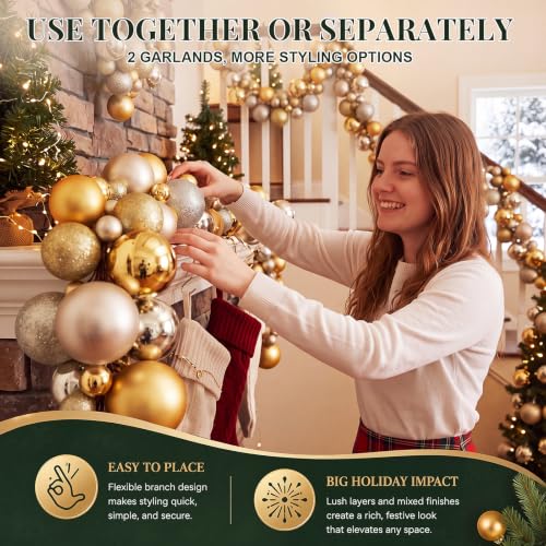 Large Christmas Ball Garland Set - Gold & Champagne Ornaments, 2 Pack, 6 FT Each
