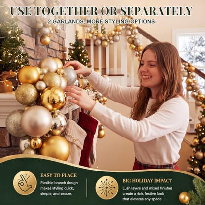 Large Christmas Ball Garland Set - Gold & Champagne Ornaments, 2 Pack, 6 FT Each