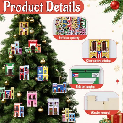 Puerto Rico Wooden Ornament Set - San Juan Holiday Decorations, 36 Pieces