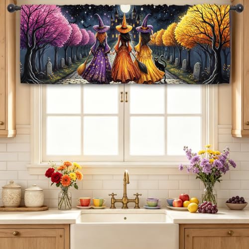 Halloween Witch Kitchen Curtain Valance 54W x 18L Inch - Pink Yellow Variation