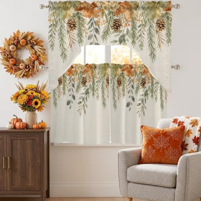 Fall Leaf Swag Kitchen Curtains Set - Beige, Sage Green, Cinnamon, Flax - 3 Pieces