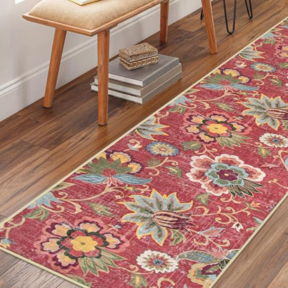 Beeiva Floral Runner Rug Non Slip 2.5x12 Feet Vintage Red Floor Runner