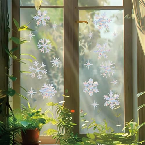 Snowflake Christmas Window Stickers - Bird Deterrent Rainbow Sun Catcher Decals