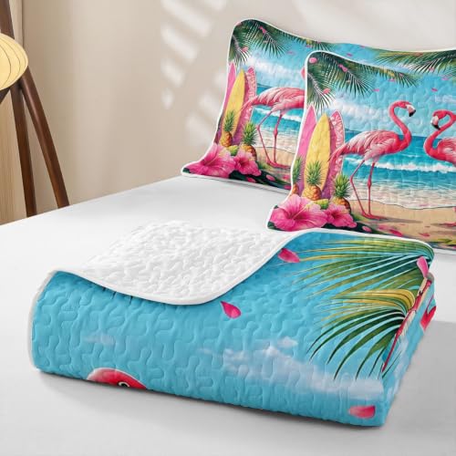 Pink Flamingo Queen Quilt Bedding Set with Pillow Shams - Tropical Beach Decor
