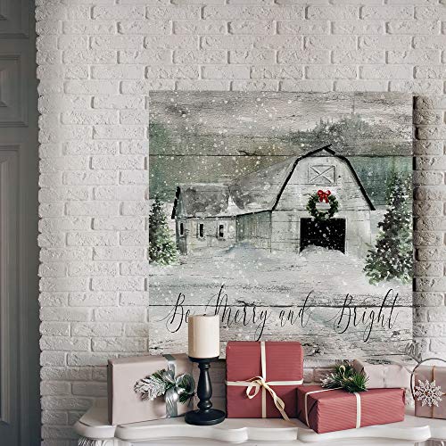 32x32 Inch Holiday Wall Art Canvas - Be Merry and Bright Winter Decor, Festive Barn Faux Wood Look, Ready to Hang, Made in USA