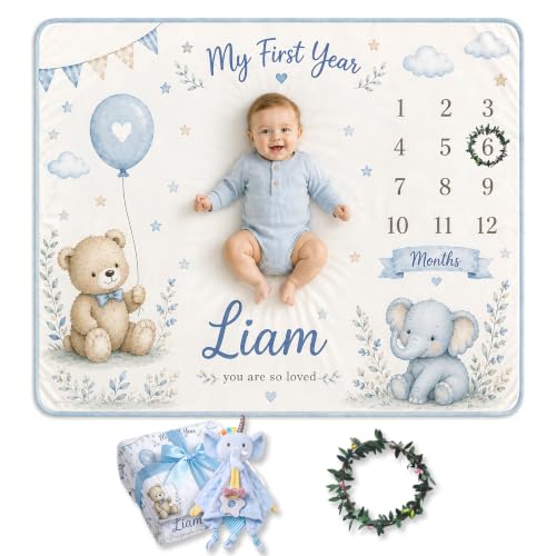 Personalized Baby Milestone Blanket with Name - Blue, 30x40 or 40x50 Inches