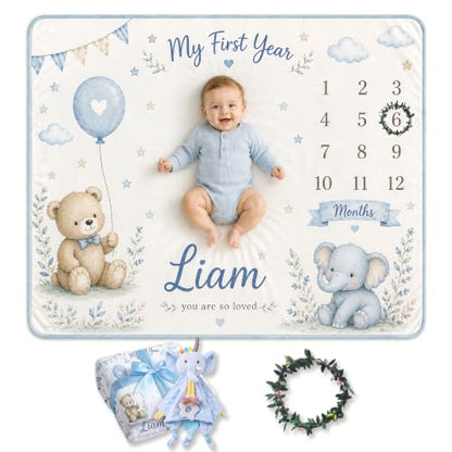 Personalized Baby Milestone Blanket with Name - Blue, 30x40 or 40x50 Inches