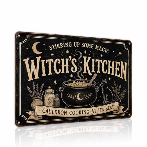 Halloween Metal Art Sign Witch's Kitchen Cauldron Cooking Decor 8x12 Inches - Witch's Magic Theme Wall Art