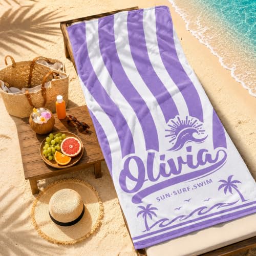 Lavender Purple Personalized Beach Towel with Names - Custom Sand-Free Pool & Vacation Wrap