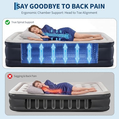 Queen Raised Air Mattress with Built-In Electric Pump, Self-Inflating, Flocked Top, Honeycomb Support - Portable Guest Bed