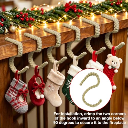 Set of 6 Rustic Jute Rope Christmas Stocking Holders - Flexible Mantle Hooks