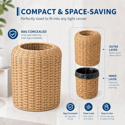 Garvee Wicker Trash Can - Small Bathroom Waste Bin with Double Layer - Brown