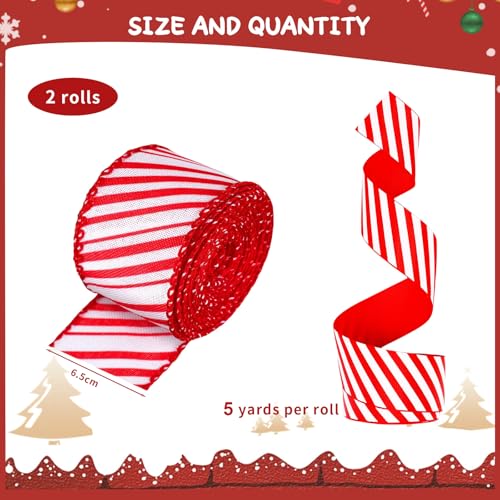 Wired Edge Ribbons Red White Striped Glitter Christmas Ribbon - 10 Yards