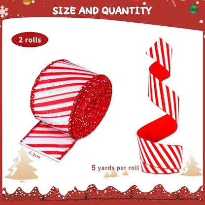 Wired Edge Ribbons Red White Striped Glitter Christmas Ribbon - 10 Yards