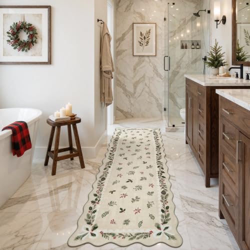 LIVEBOX Christmas Runner Rug for Kitchen 2x6 Beige Washable Non Slip Floral Bow Scalloped Edge