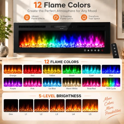 30-Inch Electric Fireplace Wall Mount & Recessed Heater - Dual Flame Effects