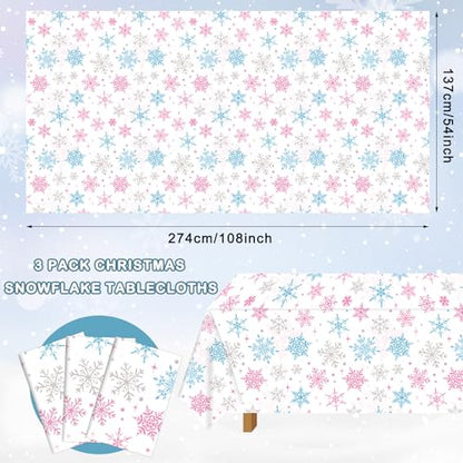 Christmas Snowflake Tablecloth Set - Pink & Blue Winter Holiday Decor, 54 x 108 Inch, 3 Pieces