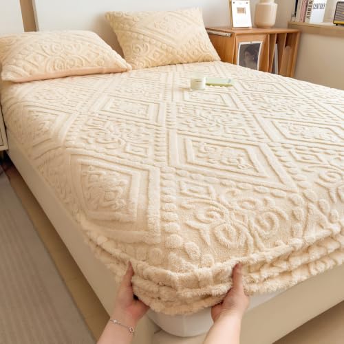 European Damask Embossed Plush Fitted Bed Sheet Full Off White 54x76 Inch