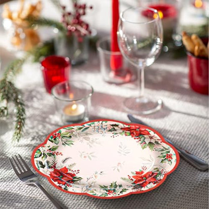 Christmas Disposable Oval Paper Plates with Poinsettia Design - 10x12 Inches, 24 Pack
