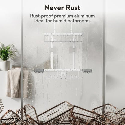 Over-the-Door Shower Caddy Silver with Double Soap Holder and Hooks - Rustproof Aluminum