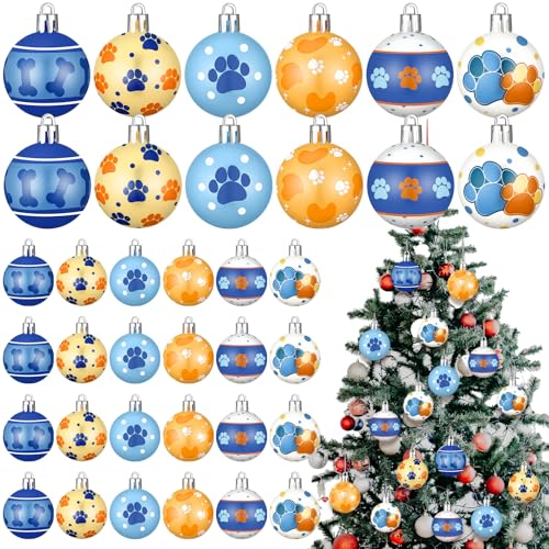 Blue Dog Paw Christmas Ball Ornaments - 36 Pcs Mini Tree Decorations