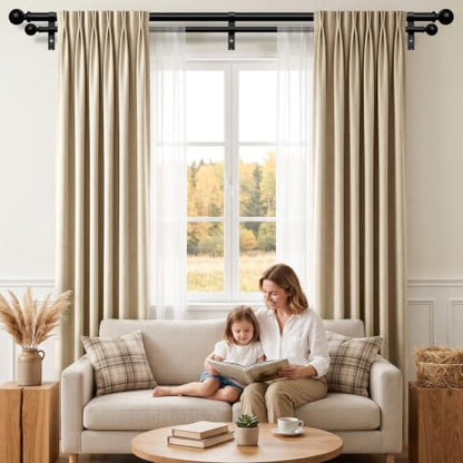 Heavy Duty Black Double Curtain Rod 36-153 Inch - 1 Inch Dual Rods, Adjustable Seamless Support