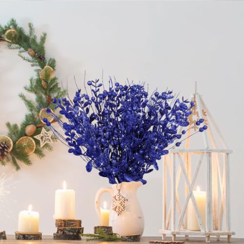 Blue Christmas Glitter Berry Picks - 18 Pack, 15.7 Inch Artificial Stem for Holiday Decor