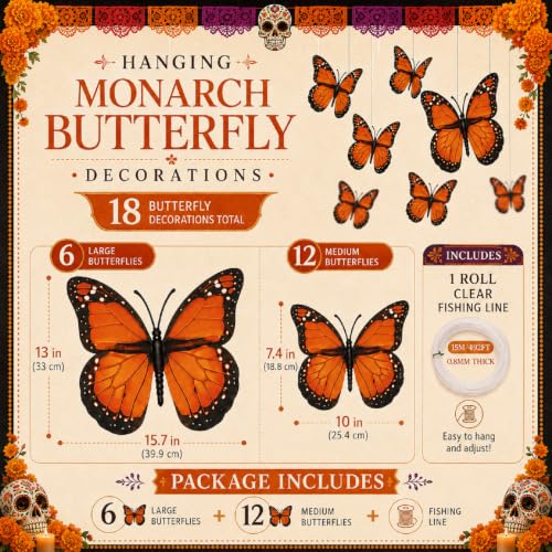 Monarch Butterfly Hanging Decorations Set - Day of the Dead Dia De Los Muertos Decor