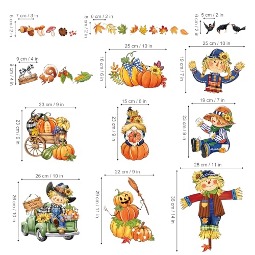 Thanksgiving Fall Pumpkin & Scarecrow Window Clings - Reusable Decor, 8 Sheets