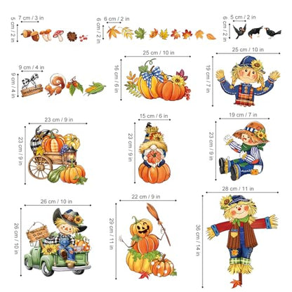 Thanksgiving Fall Pumpkin & Scarecrow Window Clings - Reusable Decor, 8 Sheets