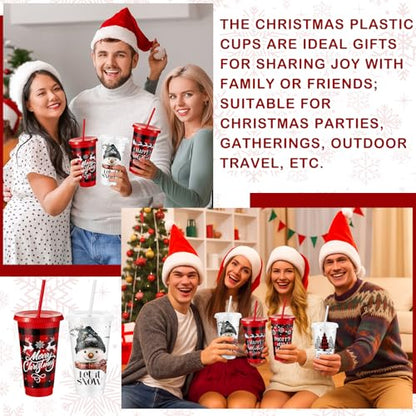 Christmas Plastic Cups with Lids & Straws - 24 oz Red & Black Plaid Set with Holiday Designs - Stylish Variation
