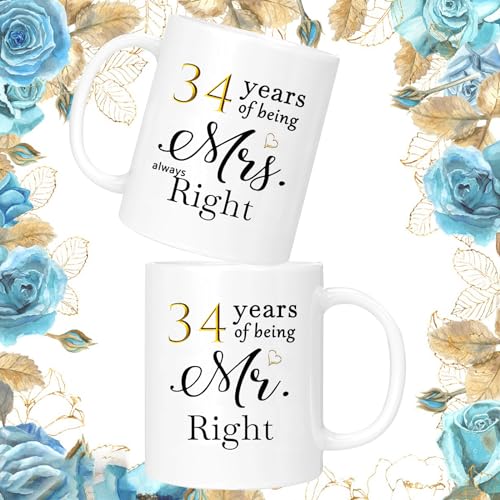 34th Anniversary Coffee Mug Gift Set of 2 with Gift Box - Always Right Couple Celebration