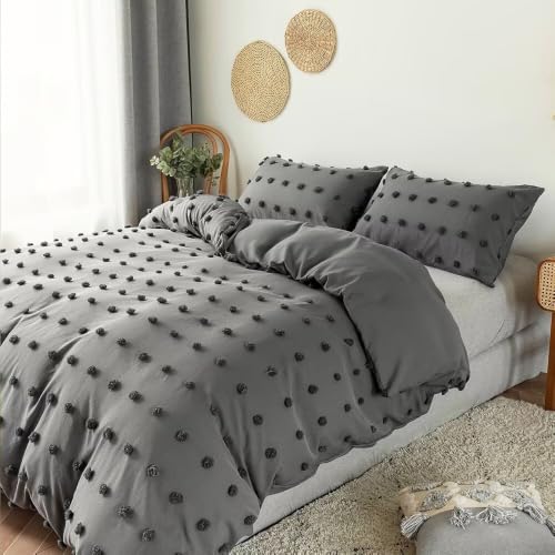 Grey Full Size Duvet Cover Set with Pom Poms and Embroidery Design