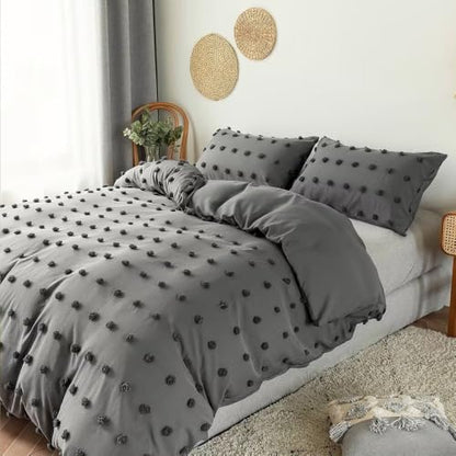 Grey Full Size Duvet Cover Set with Pom Poms and Embroidery Design