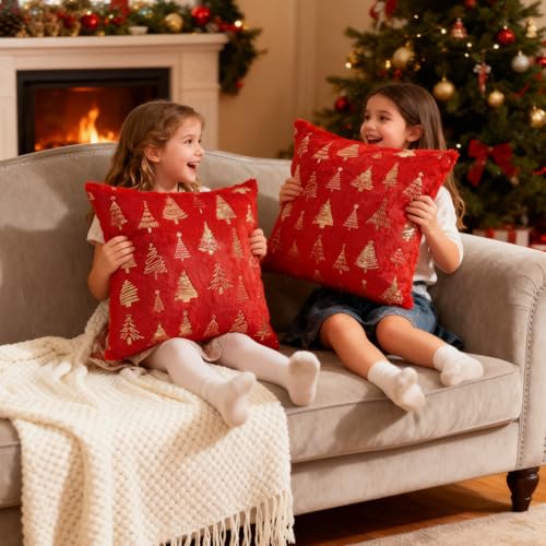 Red Christmas Tree Throw Pillow Covers 24x24 Inch Set of 2 Decor Cushion Cases for Holiday Home Decor