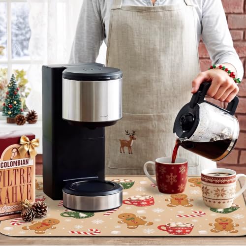 Beige Christmas Gingerbread Coffee Mat 19x12 Inches Anti-Slip Absorbent Counter Protector