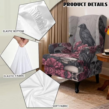 Gothic Raven Rose Wingback Armchair Cover - Stretch Slipcover for Dining Room