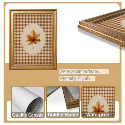 8x10 Inch Autumn Leaf Canvas Wall Art Print - Rustic Gingham Fall Botanical Cozy Decor