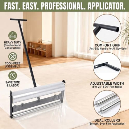 Carpet Protection Film Applicator with Dual Rollers - Adjustable Width, Quick Change