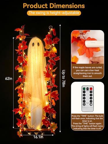 Medium Plus Hanging Ghost Halloween Decorations with Swing & Lights - 5.3ft Outdoor/Indoor Decor