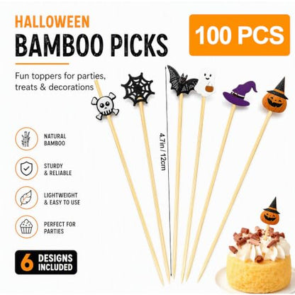 100PCS Halloween Skull Pumpkin Ghost Bat Food Skewers - Bamboo Cocktail Picks