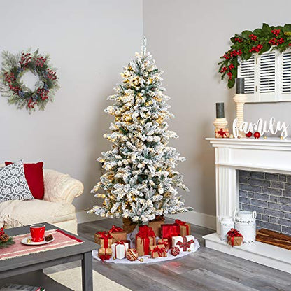 Nearly Natural 6ft 6in Flocked Livingstone Fir Artificial Christmas Tree with Pine Cones & Warm LED Lights