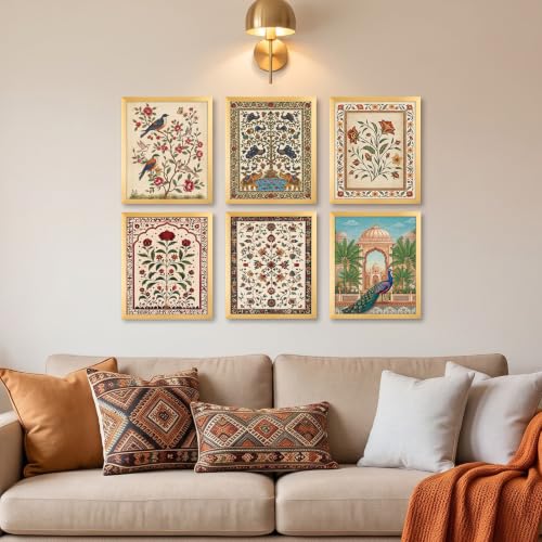 Scandinavian Vintage Floral Wall Art Set - Indian Floral Variation, 6 Pieces