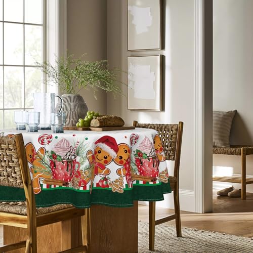 Christmas Tablecloth 70x70 Inch Round Green Gingerbread Man Holiday Decor with White Green Variation