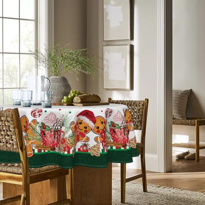 Christmas Tablecloth 70x70 Inch Round Green Gingerbread Man Holiday Decor with White Green Variation